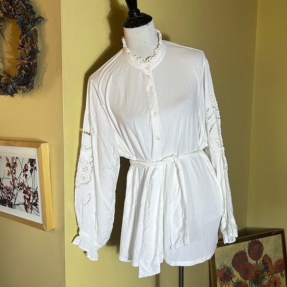 ANTHROPOLOGIE Lea & Viola Size 3X White Poet Blouse Tunic PussyBow Stretch $120 - Picture 5 of 16